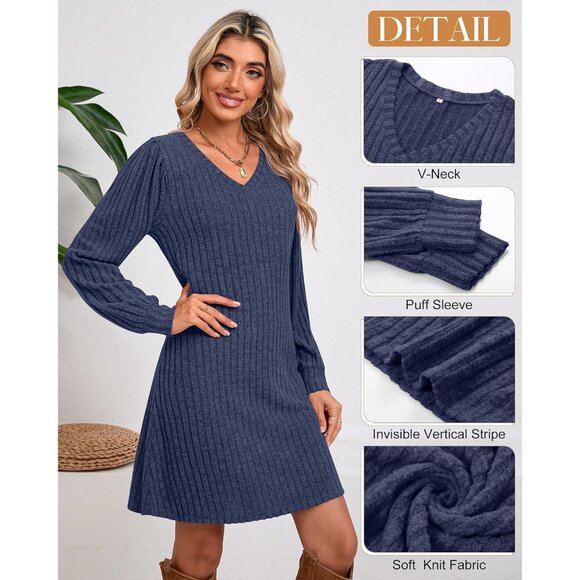 Women's Knit Sweater Dress Casual V-Neck Long Sleeve Fall Outfits - Picture 3 of 6
